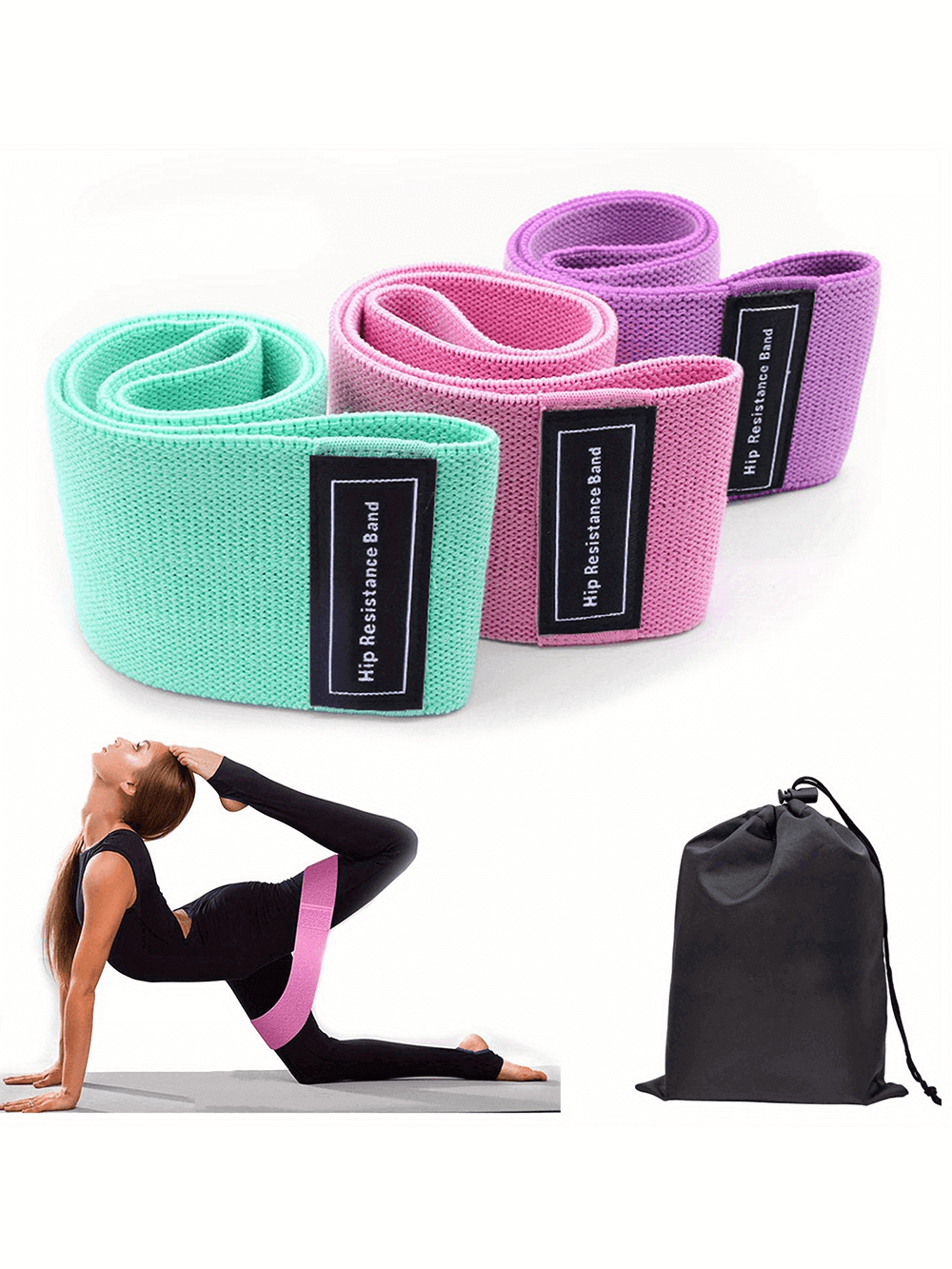 Colorful 3-piece fabric resistance bands for glute training with yoga pose demonstration and storage bag, fitness workout essential.